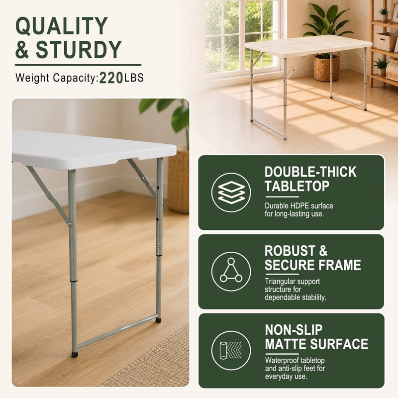 INTRTLOCKINGING TILES 4FT Folding Table, Height Adjustable Portable Plastic Folding Table with Carry Handle, Heavy Duty Indoor Outdoor Utility Table for Camping, Picnic, Party, Home Office