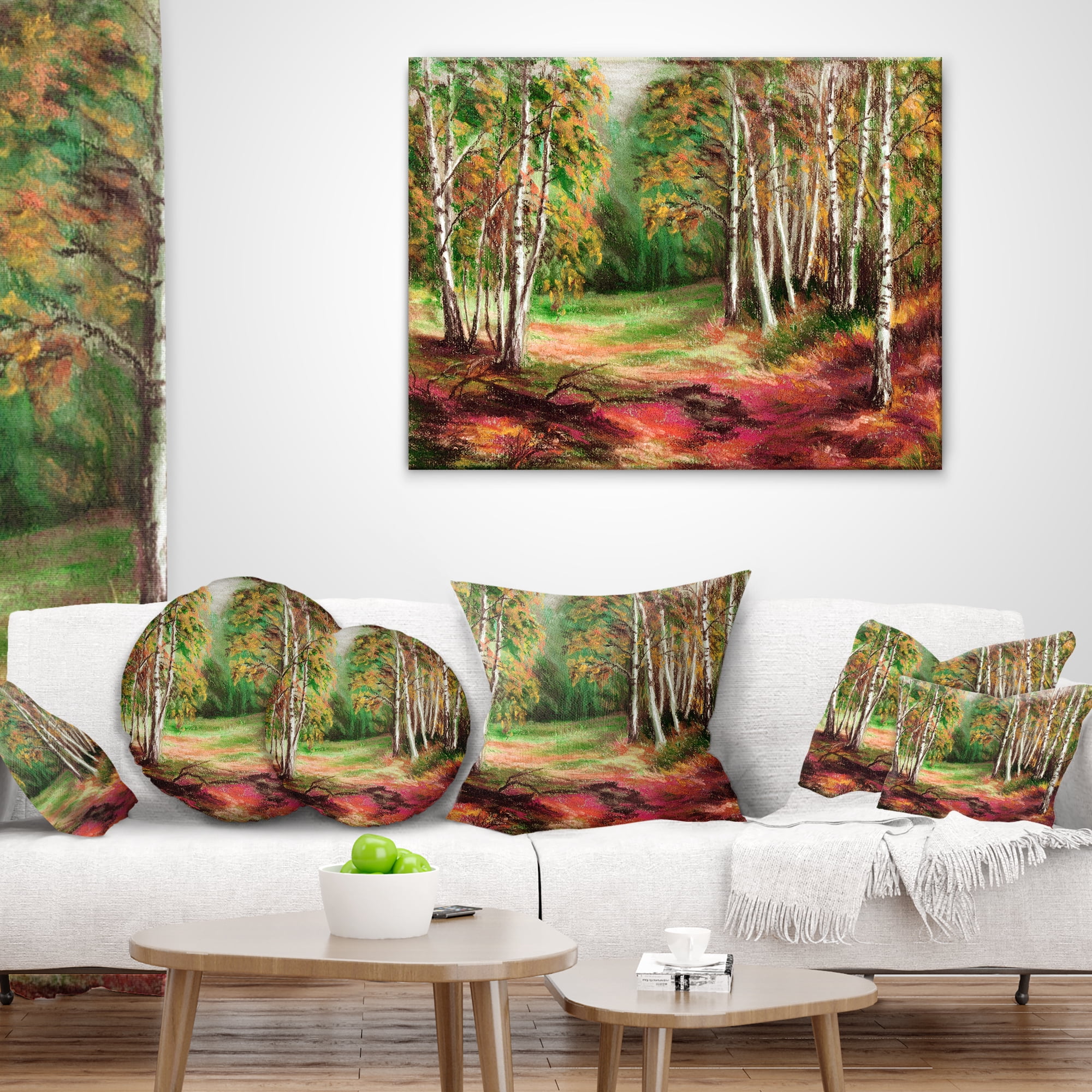 Designart Green Autumn Forest - Landscape Printed Throw Pillow - 18x18