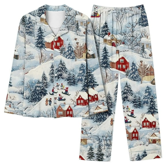Dreluolixuan Christmas Womens Pajamas Set Cotton Soft Wide Leg Elastic Waist Pants Christmas Tree Casual Nightwear with Pocket