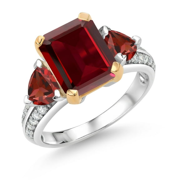 Gem Stone King 925 Sterling Silver and 10k Yellow Gold Red Garnet 3 Stone Engagement Ring for Women (5.17 Cttw, Emerald Cut Cut 10X8MM, Size 9)