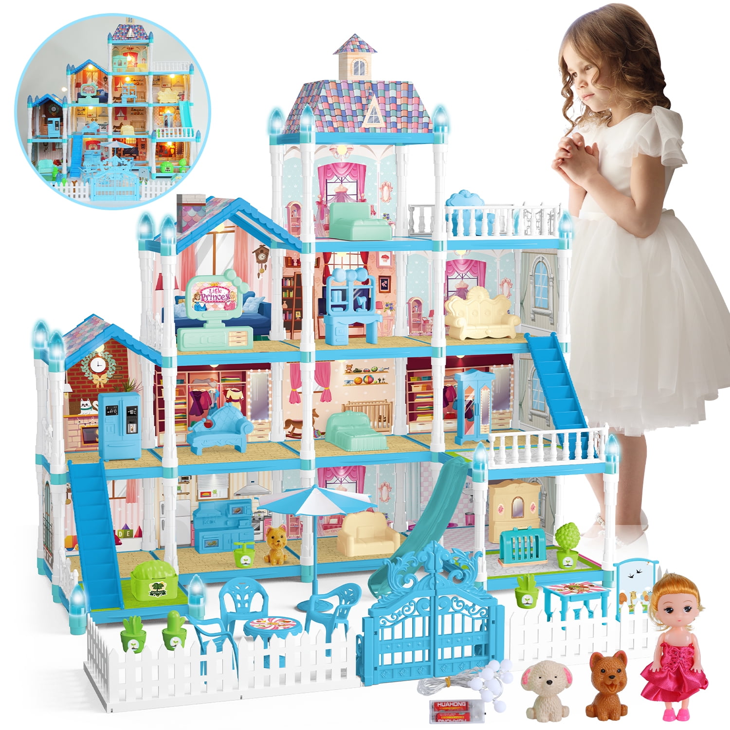 JoyStone Doll House for Girls, 4-Story 13 Rooms Huge Dollhouse Playset with LED Lights, Dolls, Furnitures, Accessories, DIY Pretend Play Toys Gifts for Kids, Blue