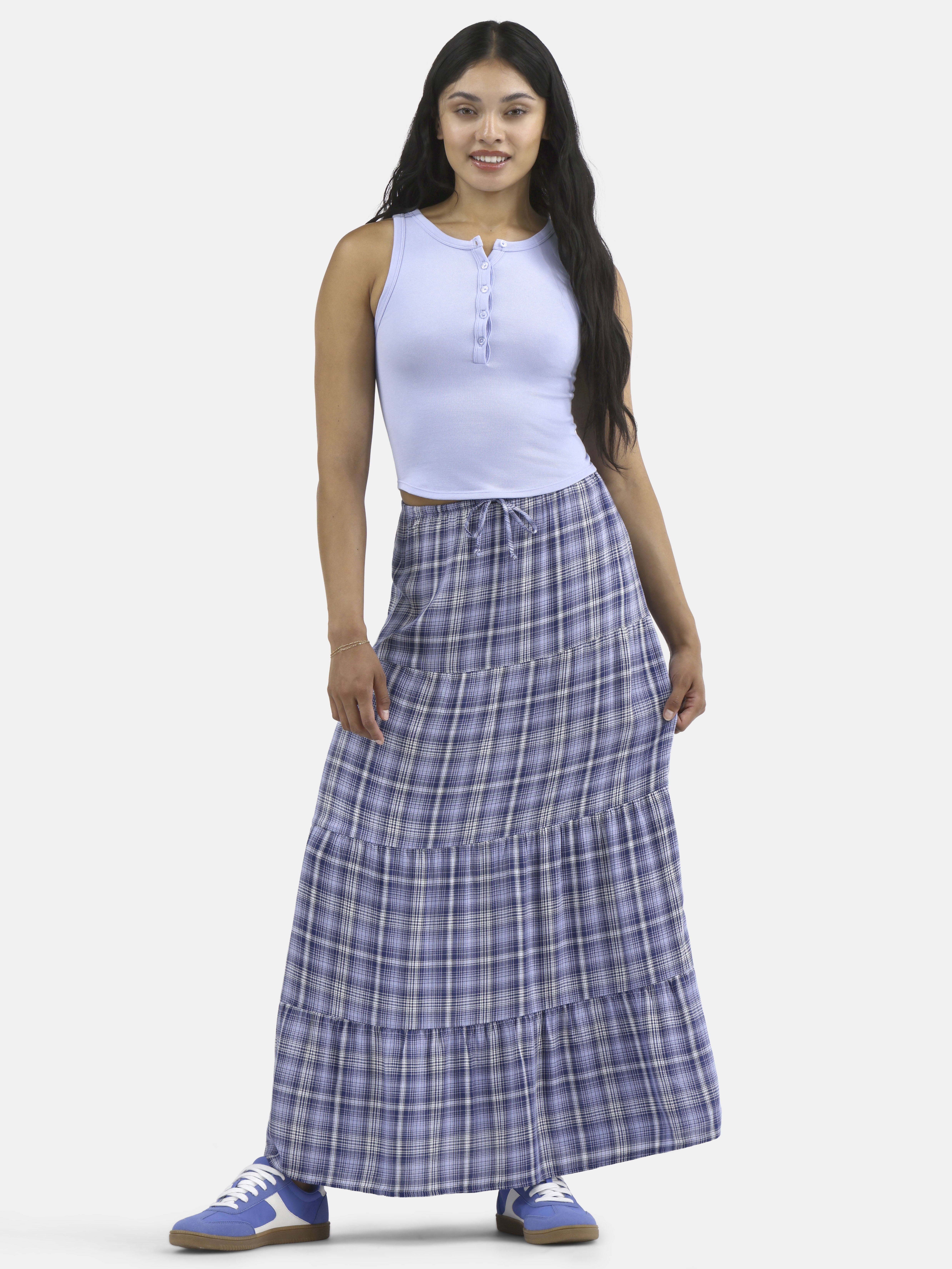 No Boundaries Woven Plaid Tiered Maxi Skirt, Women's