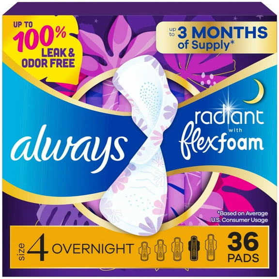 Always Radiant with FlexFoam Pads, Size 4, Overnight, Wings, 36 Count