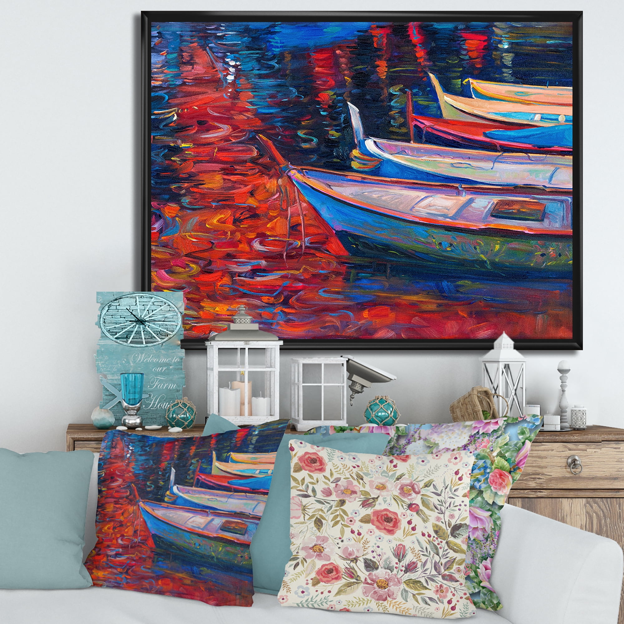 Designart 'Boats During Warm Sunset Resting On The Water IX' Nautical & Coastal Framed Canvas Wall Art Print