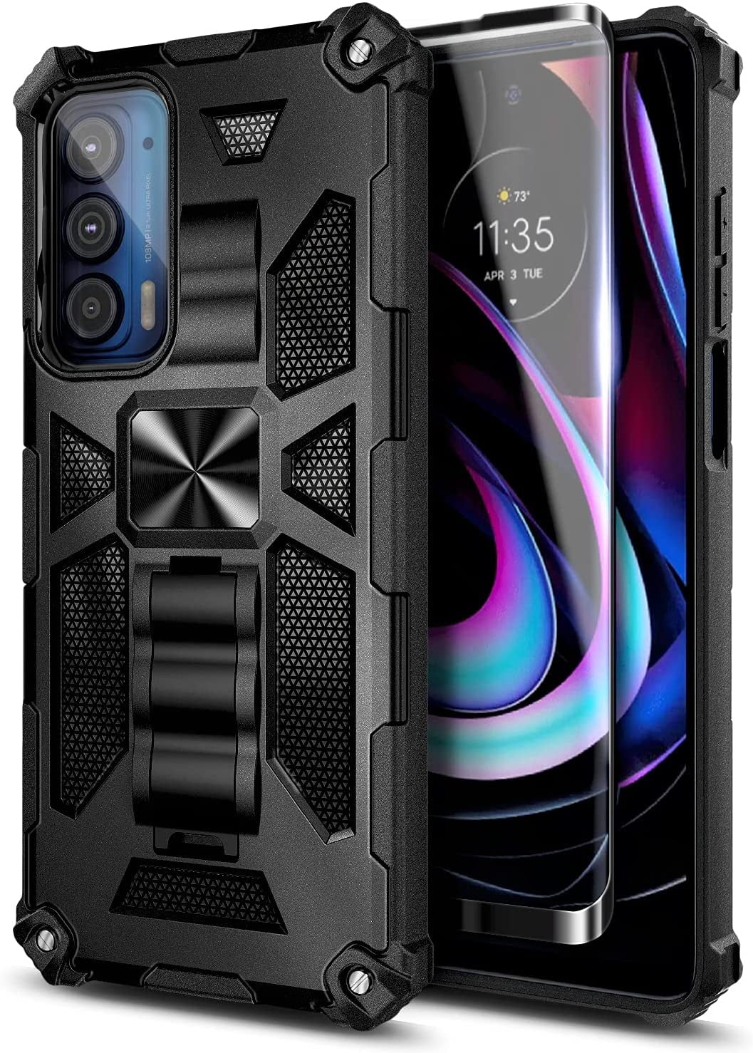 Nagebee Case for Motorola Moto Edge 5G UW, Moto Edge 2021 with Tempered Glass Screen Protector (Full Coverage), Full-Body Protective Shockproof [Military-Grade], Built in Kickstand Case (Black)