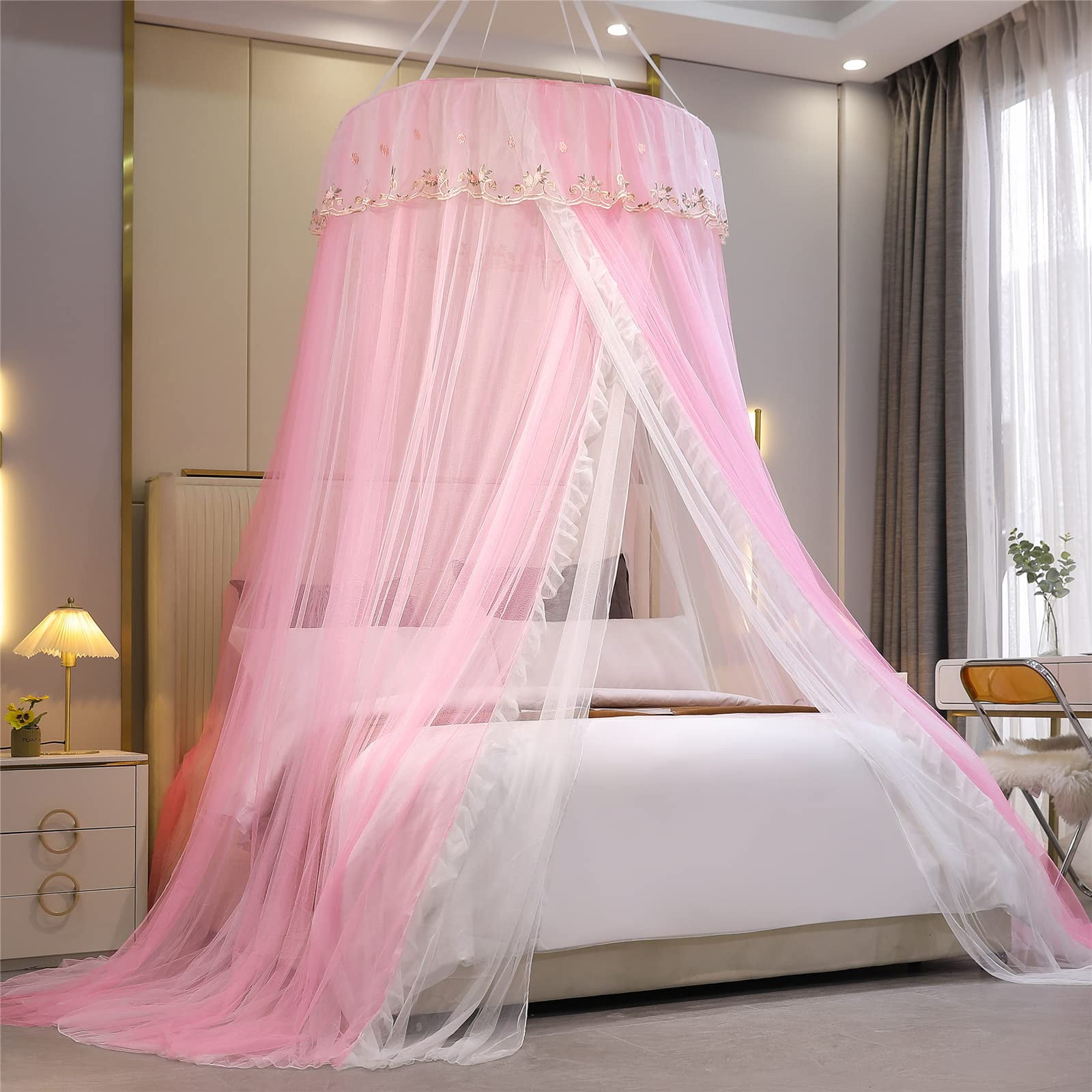 Princess Bed For Double Layer Sheer Mesh Dome Elegant Embroidery Lace Mosquito Net Curtain Full Queen King Bed(pink/white-1)