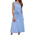 thumbnail image 3 of Lenago Dresses for Women Solid Color Sleeveless Dress Zipper Round Neck Stripe Linen Dress Summer Shirt Dress, 3 of 9