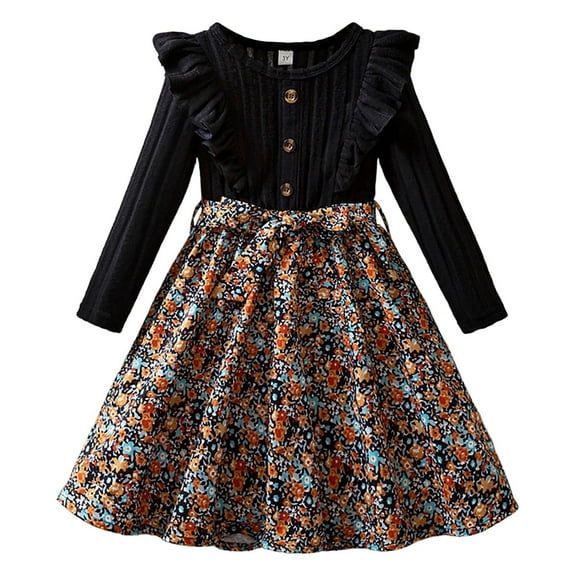 WhouRiu Toddler Girls' Dress Elegant Floral Print Knit Long Sleeve Dress Child Vintage Holiday Autumn Winter Dresses Black,Sized 2-3