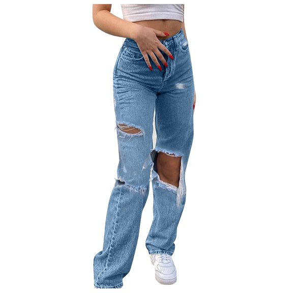 Ketyyh-chn99 Plus Size Jeans for Women Distressed Stretch Floral Patches Womens Straight Leg Jeans Blue,L