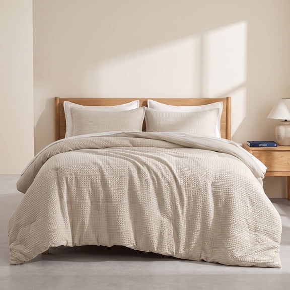 Waffle Weave Comforter Set King Size, 3 Pieces With 2 Pillow Shams, Lightweight Textured Bedding, Natural Linen Tone For All‑Season Use
