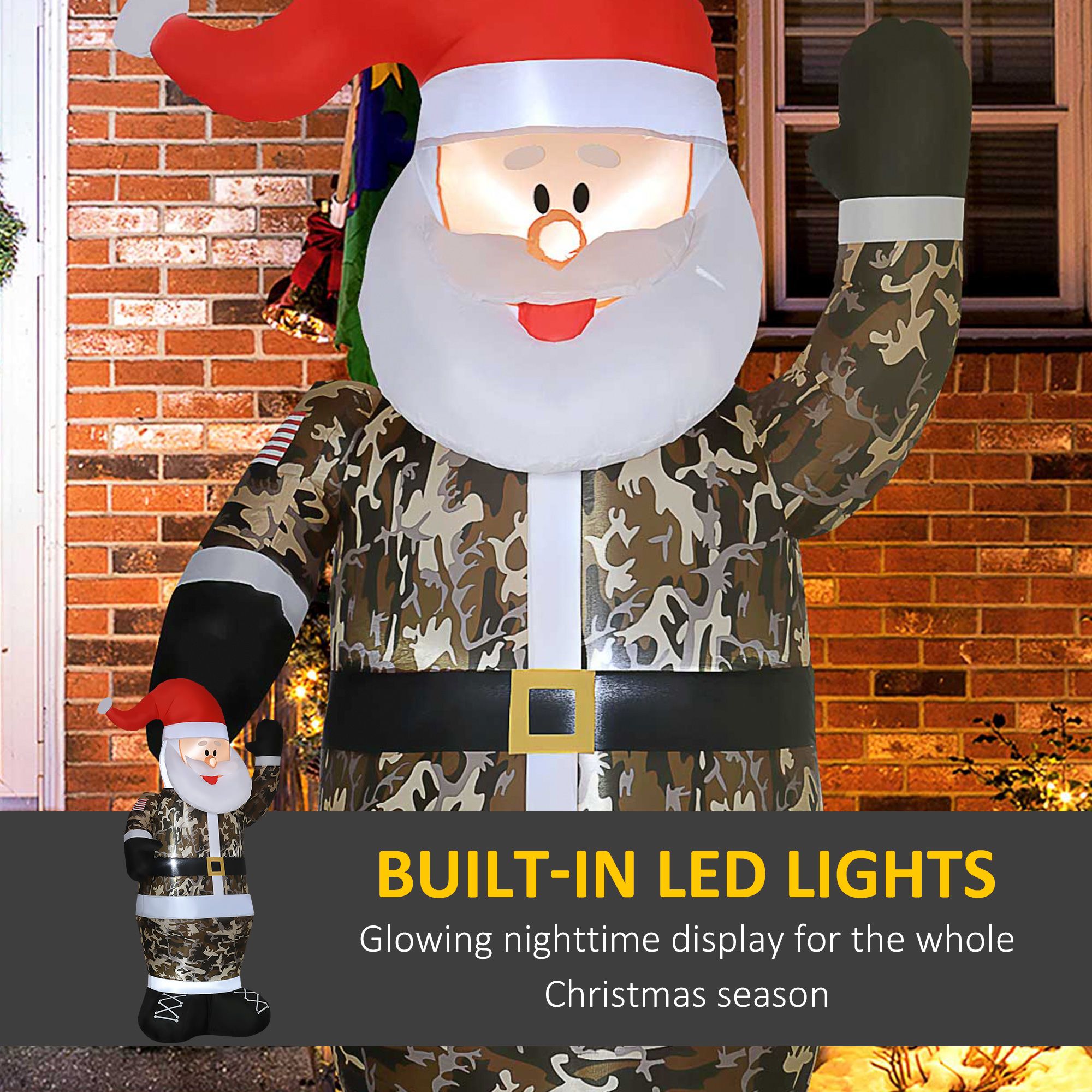 8 ft Christmas Inflatable Santa Claus Outdoor Decoration with LED Lights, Camouflage Polyester Yard Display, Self-Inflating Holiday Decor