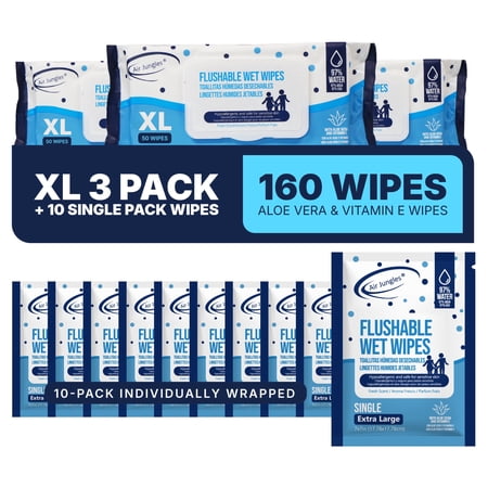 Air Jungles Flushable Wipes 160 Ct for Adult XL 7 x 7 in with Aloe Vera & Vitamin E Ultra Soft - Septic and Sewer Safe- Fresh Scent-3 Packs + 10 Individually Wrapped