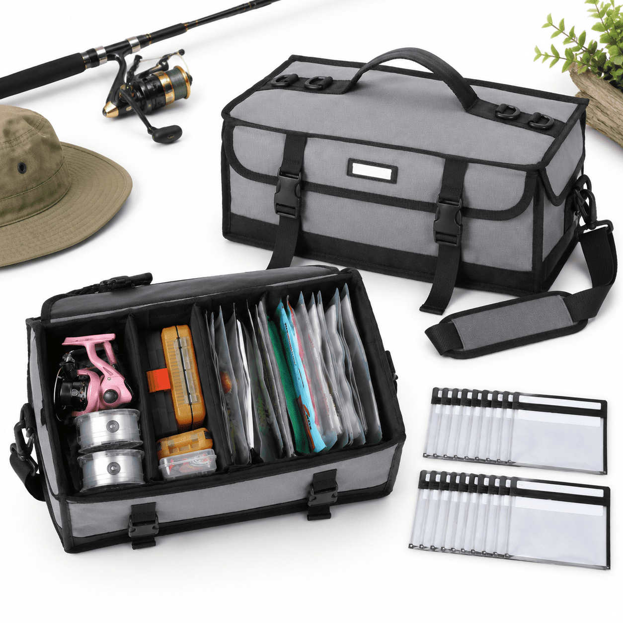 Gray Soft Plastic Fishing Bait and Tackle Bag with 20 Pouches