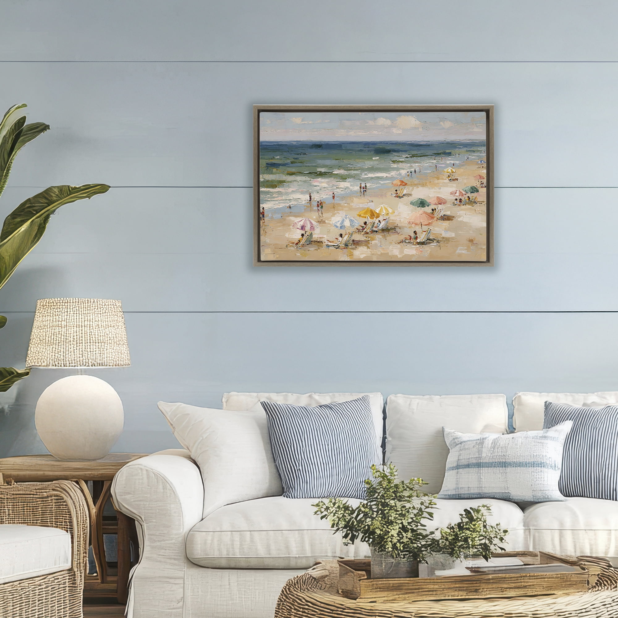Stupell Industries Impressionist Summer Beach Day Brown Framed Floater Canvas Wall Art, design by Jacky Ngan