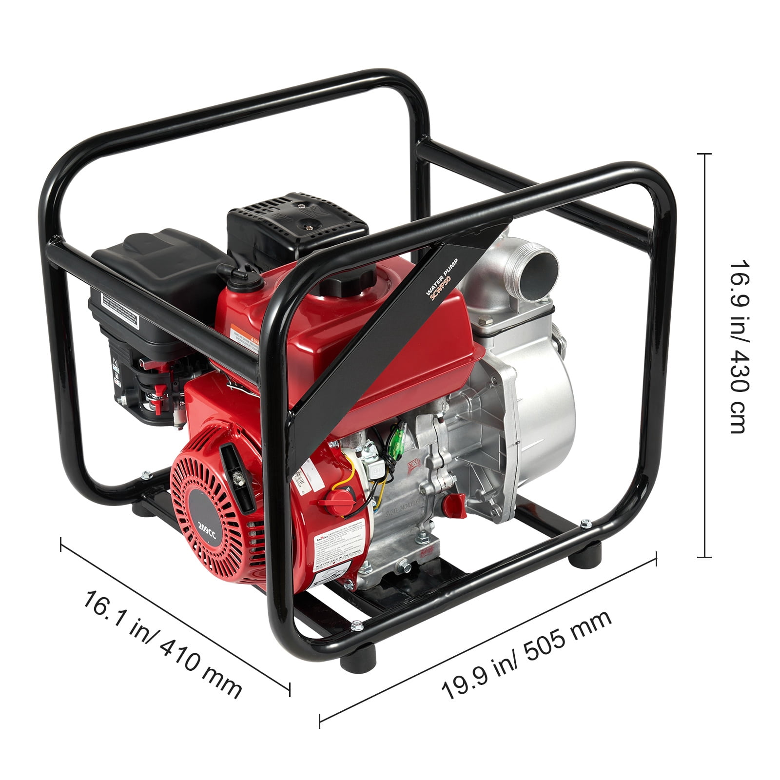 KFFKFF Fuel-Driven Debris Pump, 2 in/50 mm, 7HP 132GPM 4-Stroke Fuel Engine Water Relocation Pump with 25 ft/7.62 m Discharge Hose Max 98 ft Elevation 26ft Intake, Cast Iron Rotor for Watering Pool
