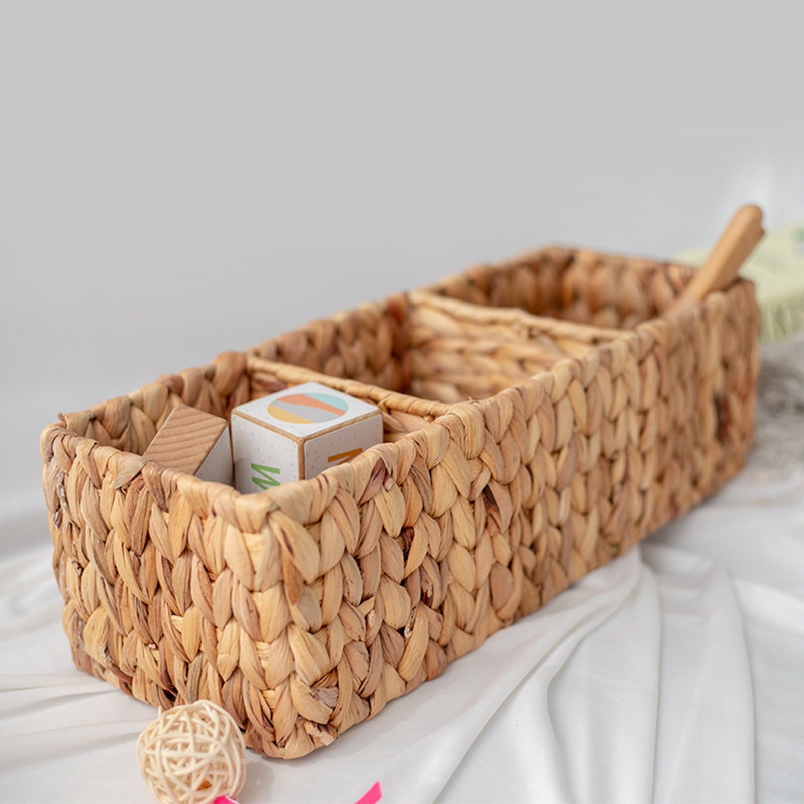 Water Hyacinth Tank Topper Storage Baskets 3 sections Woven Wicker Basket for Toilet Paper Holder, Baskets for Vanity, Bathroom, Pantry Organizing, or Coffee Table Decor, 16.93x6.69x5.12"