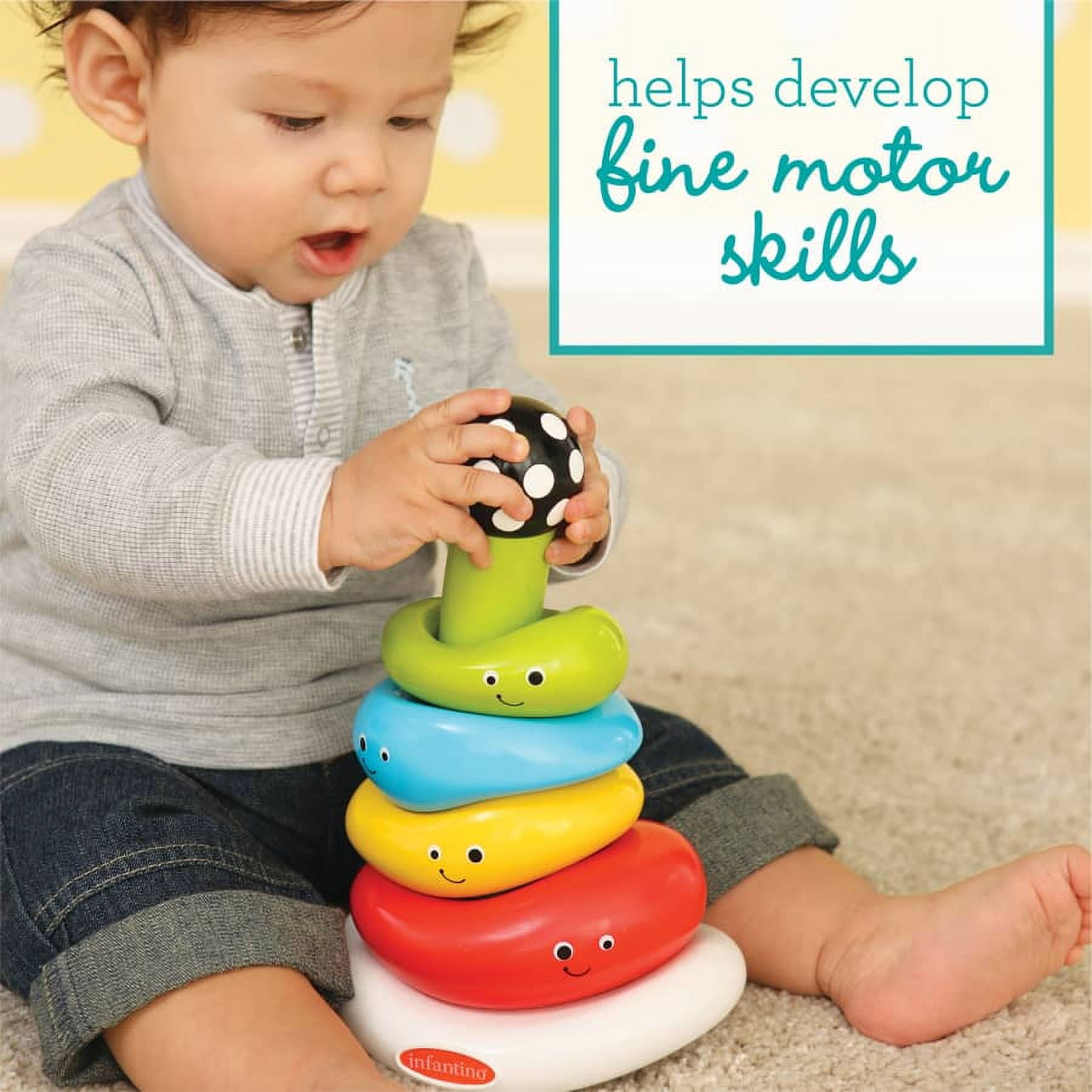 Infantino Funny Faces Ring Stacking Toy with Rocking Base, 6-12 Months, Multicolor, 7-Piece