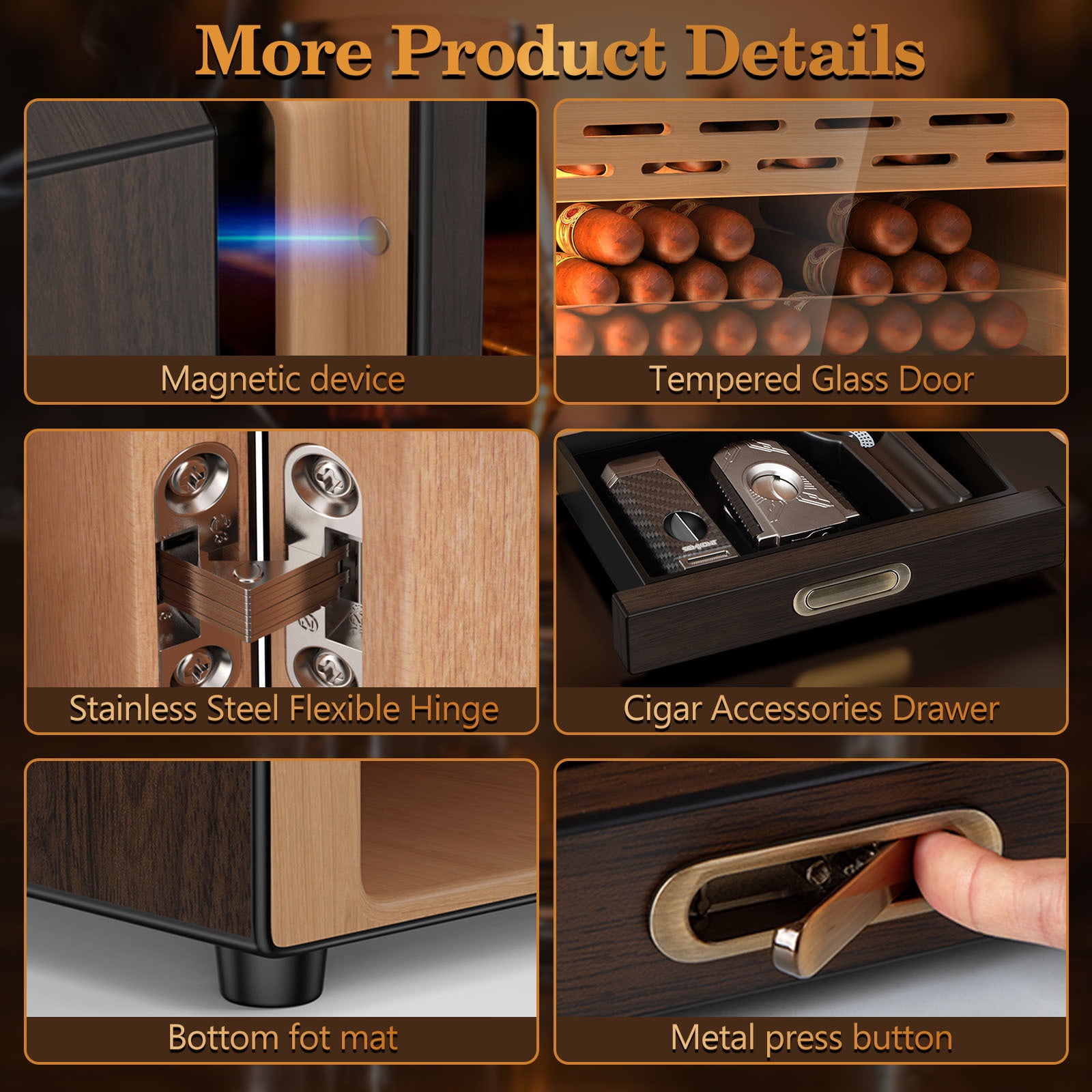 Electric Cigar Humidor Lighted Control Magnetic Door Desktop Cigar Humidor Cabinet,with Cigar Accessory Drawer 2 humidifiers 3 Layer Large Capacity Humidor,Hold 100-150 Cigars Gift for Cigar Lover