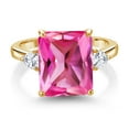 thumbnail image 2 of Gem Stone King 18K Yellow Gold Plated Silver 3-Stone Ring Octagon Pink Created Sapphire and Moissanite (6.92 Cttw, Size 6), 2 of 3