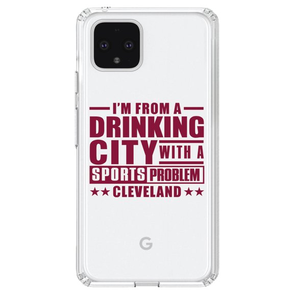 DistinctInk Clear Shockproof Hybrid Case for Google Pixel 4 (6.1" Screen) - TPU Bumper Acrylic Back Tempered Glass Screen Protector - Cleveland Drinking City Sports Problem