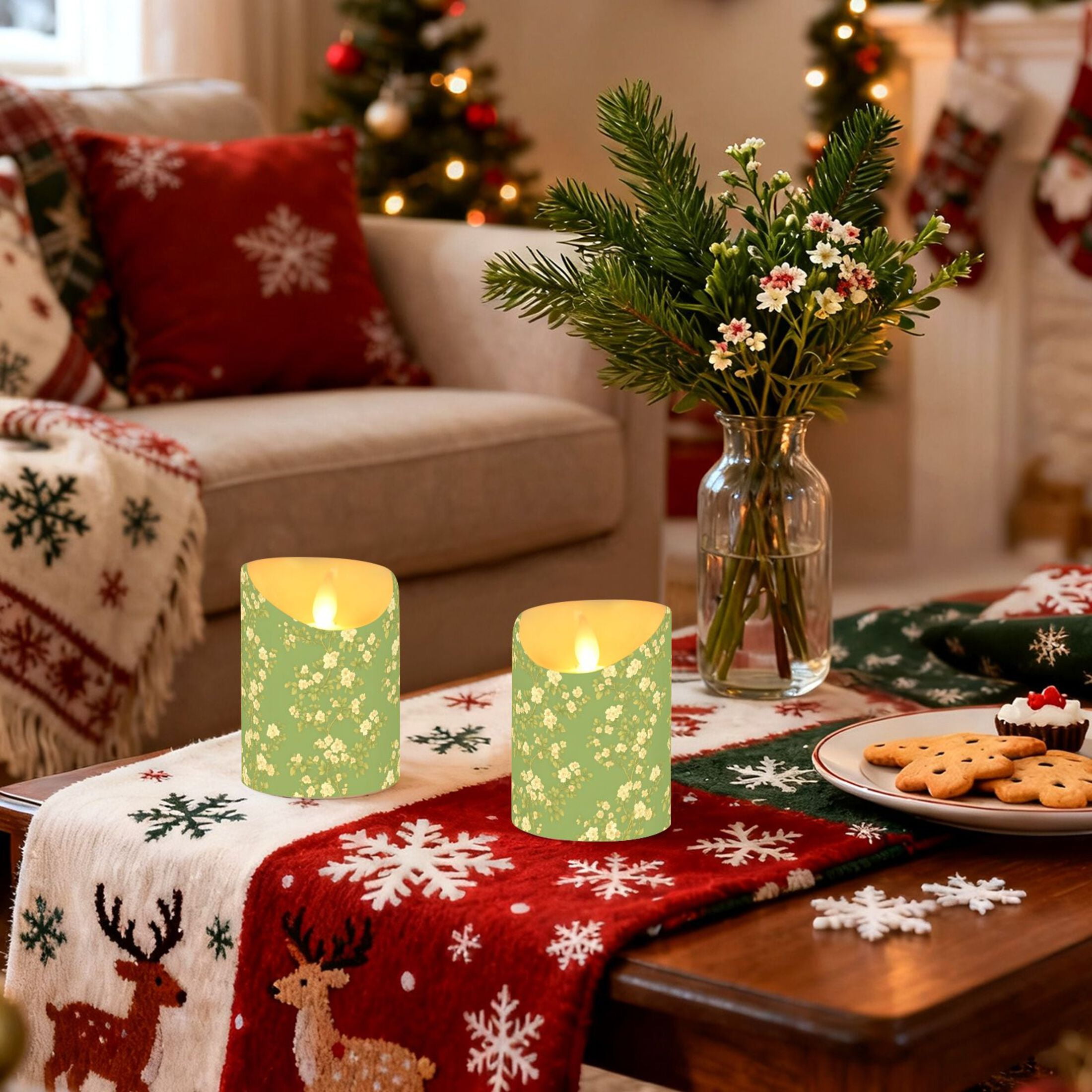 Green Floral Pattern Flameless Candles 2 PCS with Remote Realistic Moving Flame LED Tapered Pillar Set for Home Decor