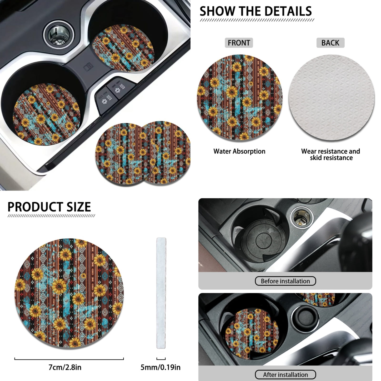 Renewold American Tribal Sunflower Brown 11 Pack Car Seat Covers Full Set, Universal Car Seat Protector Set with Steering Wheel Covers Seat Belt Covers Coaster Keyrings Fit for Most Cars SUV