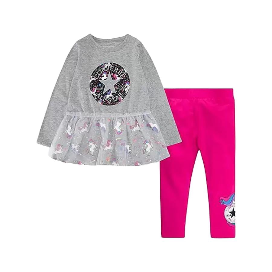 Converse Unicorn Ruffle Tunic And Leggings Set Baby Girls Clothing Set Size 4T, Color: Grey/Black