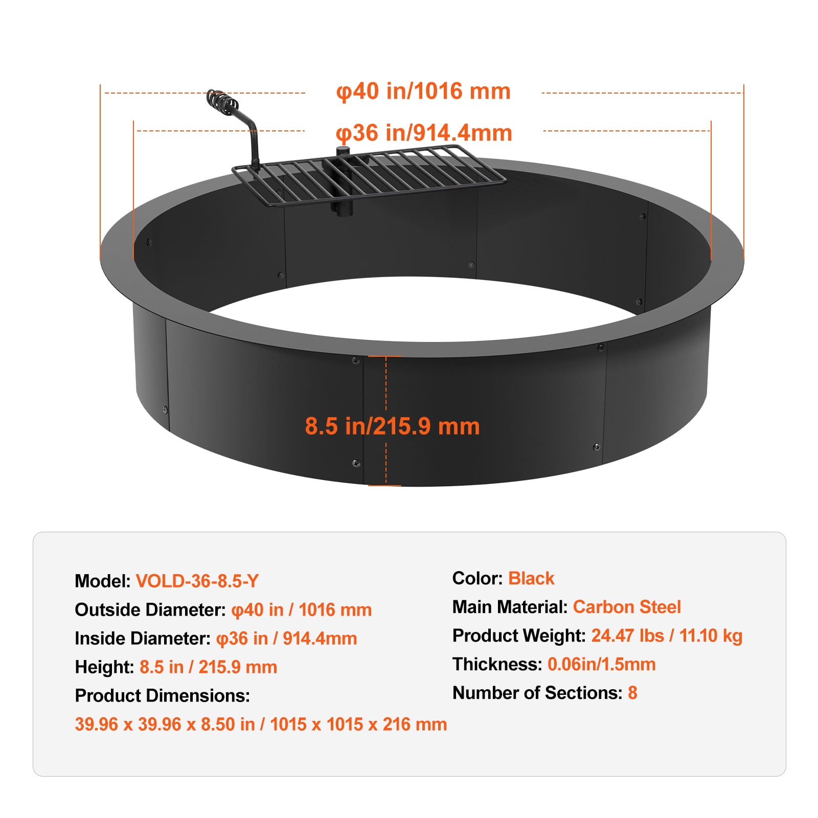 SKYSHALO Fire Pit Circle, BBQ Fire Ring Combo, 40-In Outer/36-In Inner Diameter, 8.5in Tall, Carbon Steel Construction, DIY Campfire Circle for Above or In-Ground, Outdoor Camping, Bonfire Gatherings