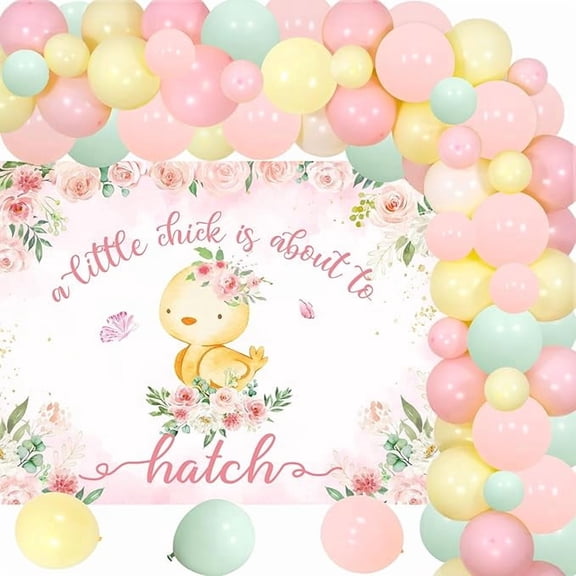 81Pcs Chicken Theme Baby Decor - Girl 'Chick' Themed Party Supplies - Pink Floral Backdrop, Balloon Arch & More