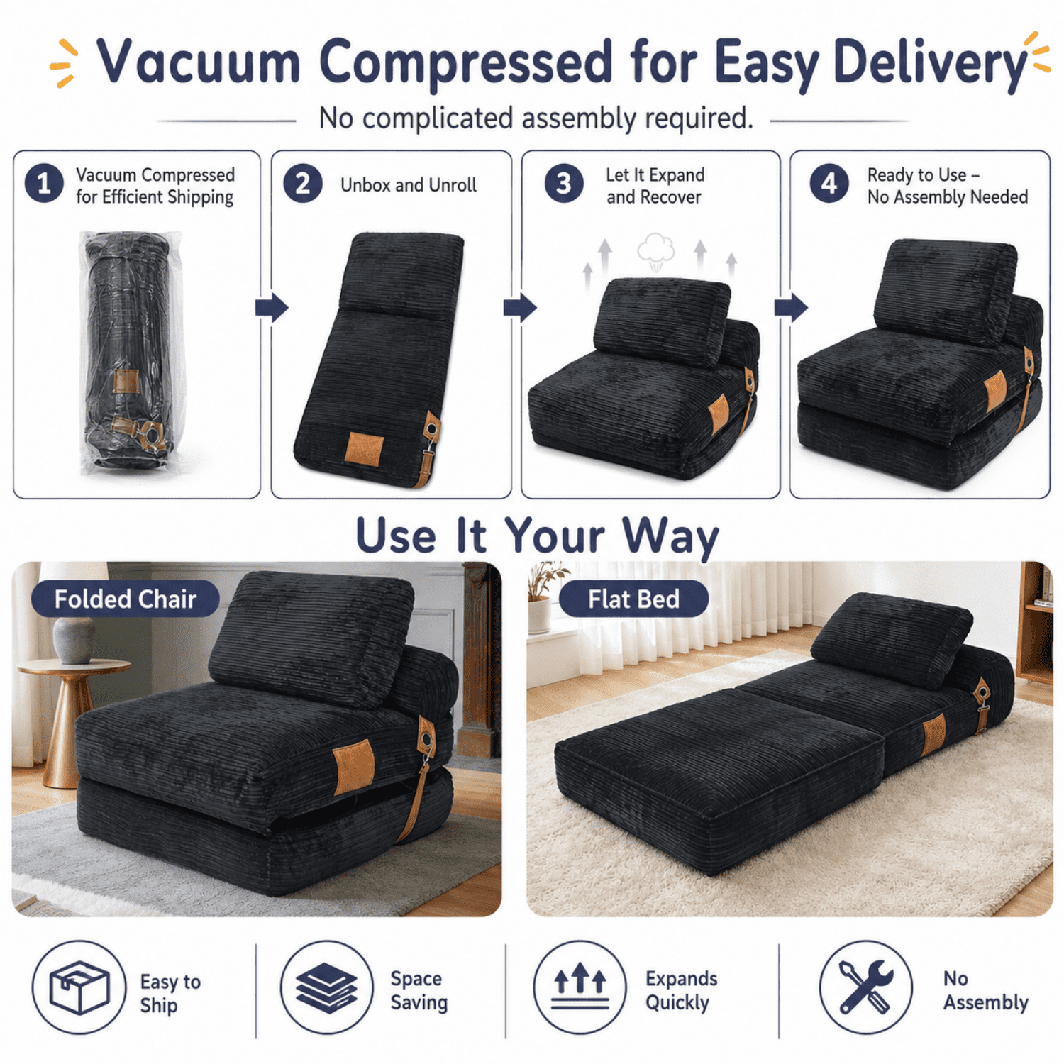 Miniyam Folding Floor Chair Bed, 3-in-1 Convertible Floor Sofa Bed with Flannelette Upholstery and Side Pockets, Gray