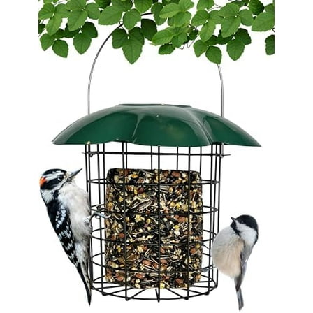 Large  or Suet Log Cage Feeder - Metal Suet Cage Cylinder Bird Feeder with Green Slide Down Protective Roof