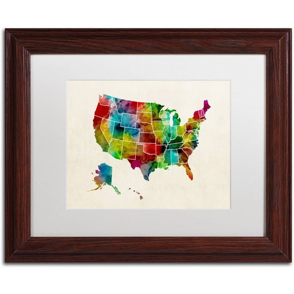 Trademark Fine Art 'United States Watercolor Map 2' Canvas Art by Michael Tompsett, White Matte, Wood Frame