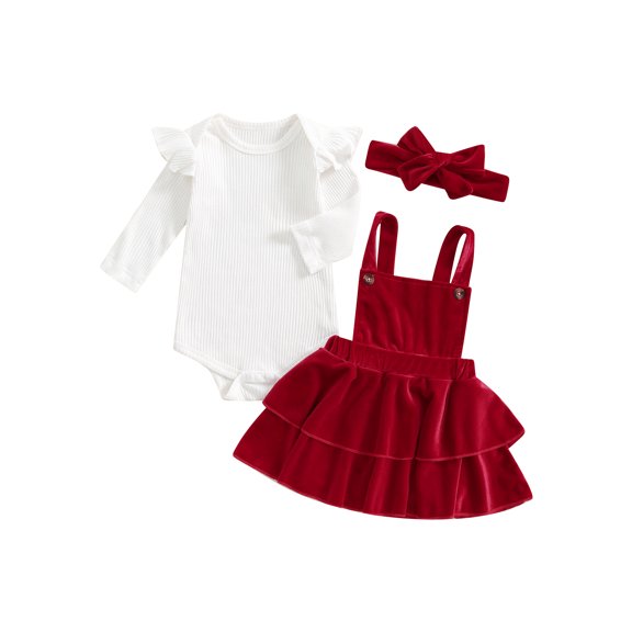 Newborn Baby Girls Christmas Outfits Long Sleeve one-piece Romper Velvet Suspender Skirts Headband Clothes Set