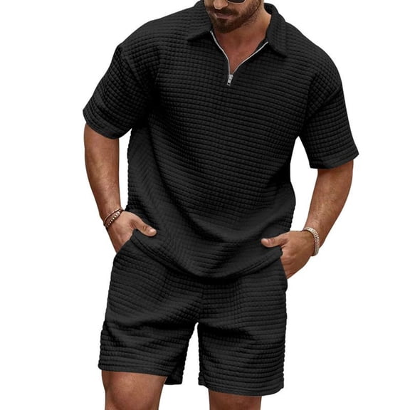 SWSMCLT Men's 2 Piece Outfit Polo Shirt Boyleg Half Zip Empire Waist Classic Elasthane Matching Outfit Tracksuits Casual Set Boxer Black Small