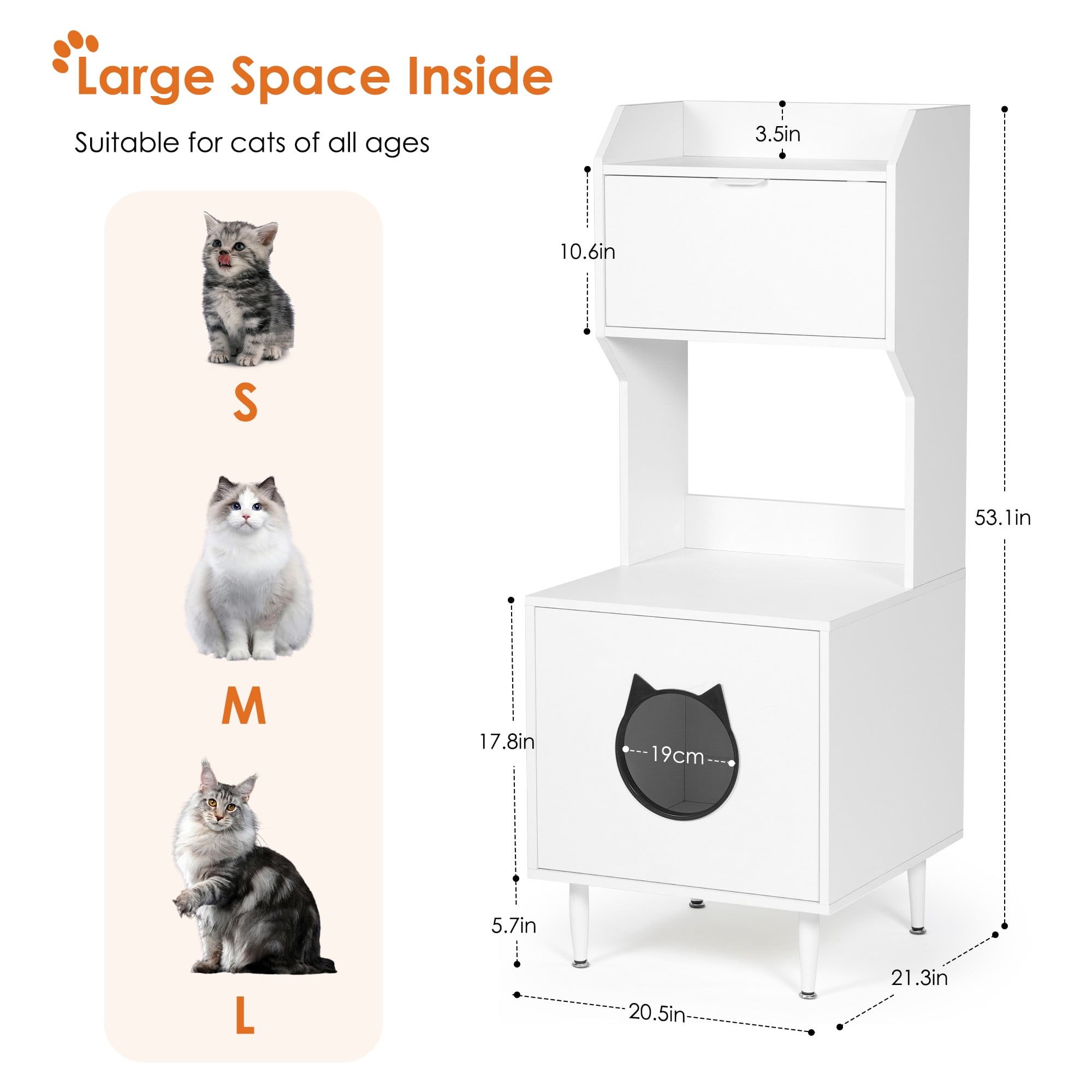 Kadyn 53" Wooden Cat Litter Box Enclosure Furniture with Shelves, Large Hidden Litter Box Cat House Washroom, White