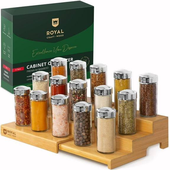 Royal Craft Wood Bamboo Spice Organizer for Cabinet - Tiered Spice Rack Organizer for Cabinet or Countertop, Pantry Step Shelf (15.16"x 8.3" x 3.3")
