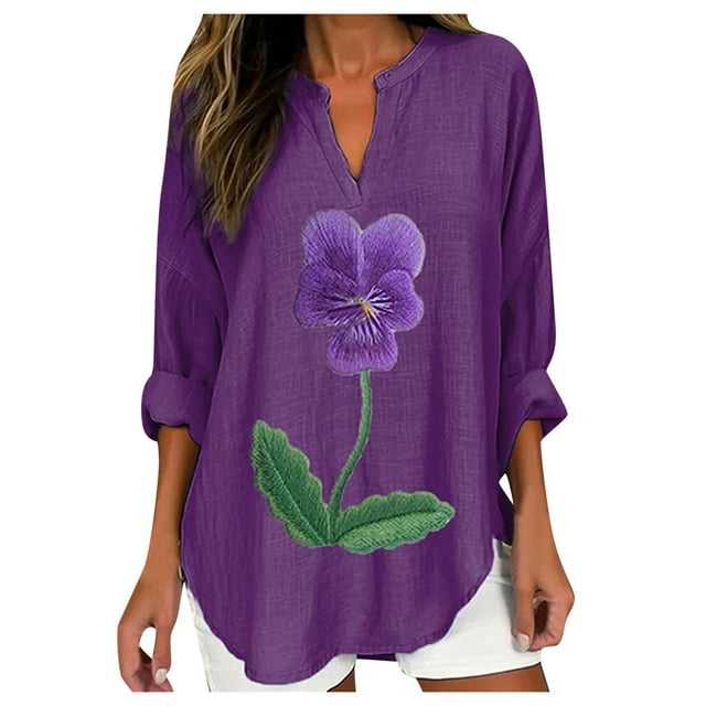 WEAIXIMIUNG Chemise Décontractée Confortable à Manches Longues Col en V Imprimé Floral Violet pour Femmes Saint-Valentin