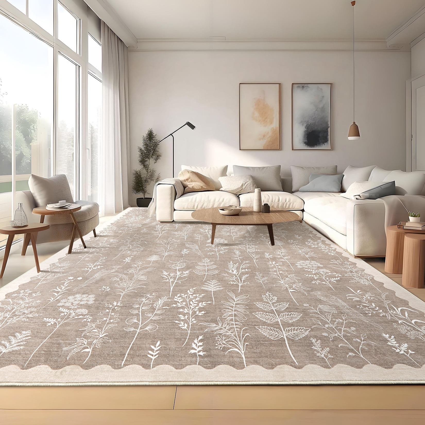 FairOnly Lght Brown 5'x7'Low Pile Flower Print Area Rug Non Slip Non Shedding ug for Living Room Bedroom Kitchen