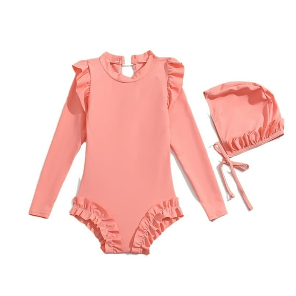 Coerni Girls One Piece Bathing Suits with Elastic Hat Ruffle Long Sleeve Solid Swimsuit Kids Beach Swimming Rash Guard Tops