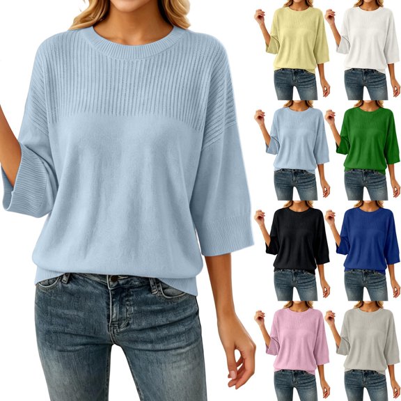 CAIXIA Lightweight Sweaters For Women Crewneck 3/4 Sleeve Loose Slim Long Sleeve Pullover Tops Thin Basic Clothes Layering Shirts Work Outfits Fall Winter Clothes,Pink