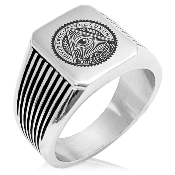 Stainless Steel All Seeing Eye Novus Ordo Seclorum Needle Stripe Pattern Biker Style Polished Ring