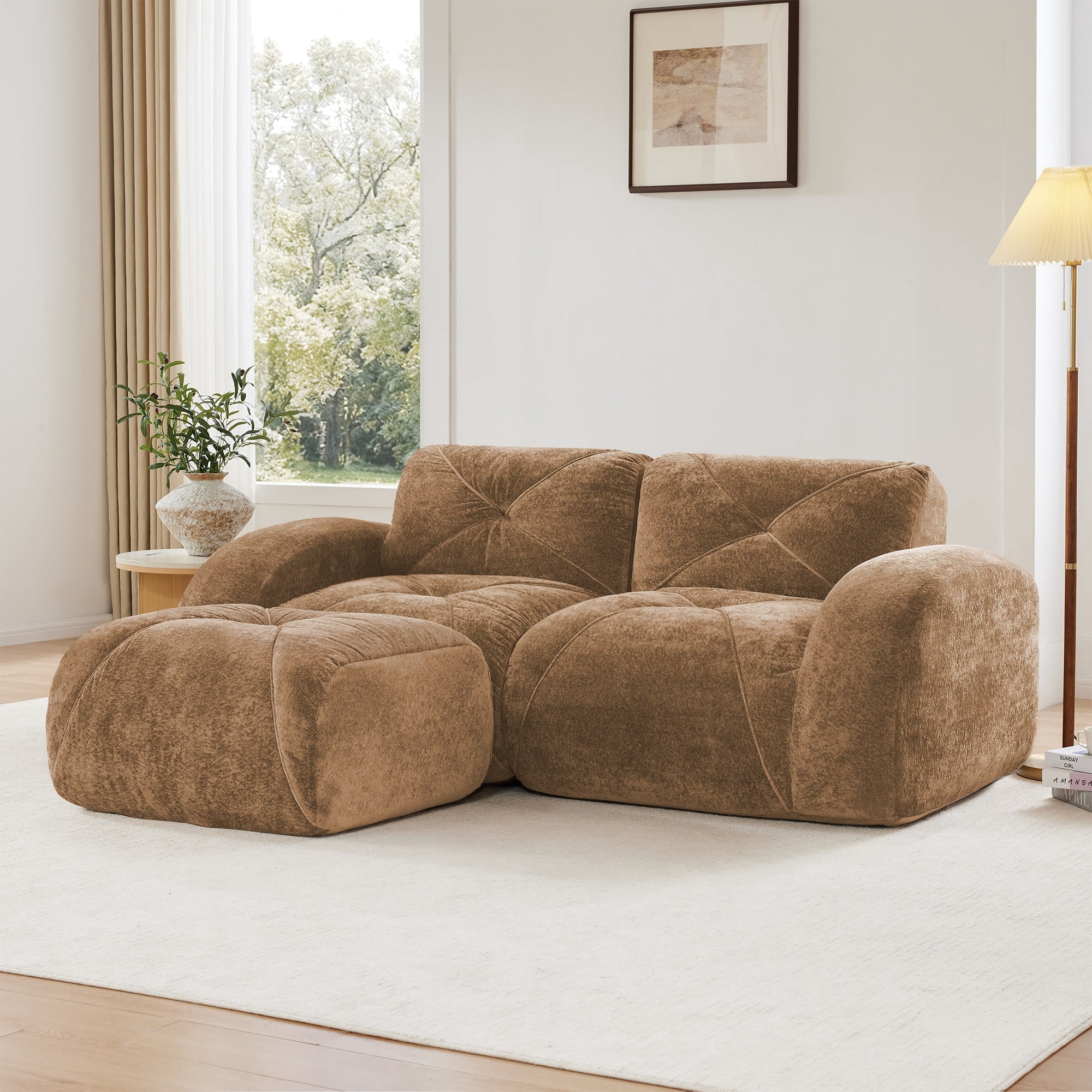 L-Shaped Boneless Sofa, Soft Velvet Fabric, Tufted Design, 32D High Density Sponge, No Assembly Required, Ergonomic Design Bottom, Anti-Slip Design, Movable Ottoman for Bedrooms (Camel)