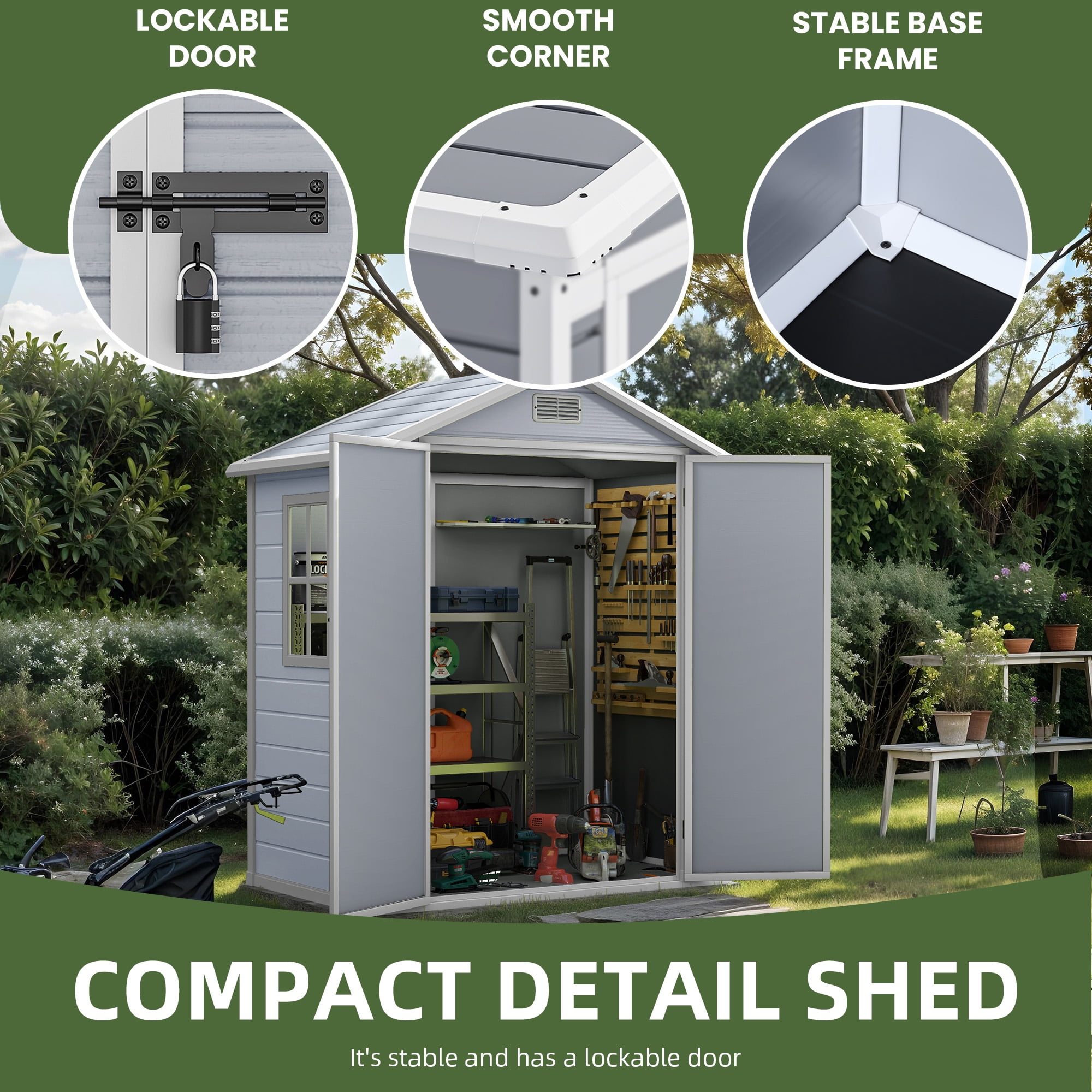 Craftian Resin Outdoor Storage Shed,6.2x3.4ft Plastic Outdoor Shed with Secure Floor Lockable Door Garage Patio Garden Storage Shed