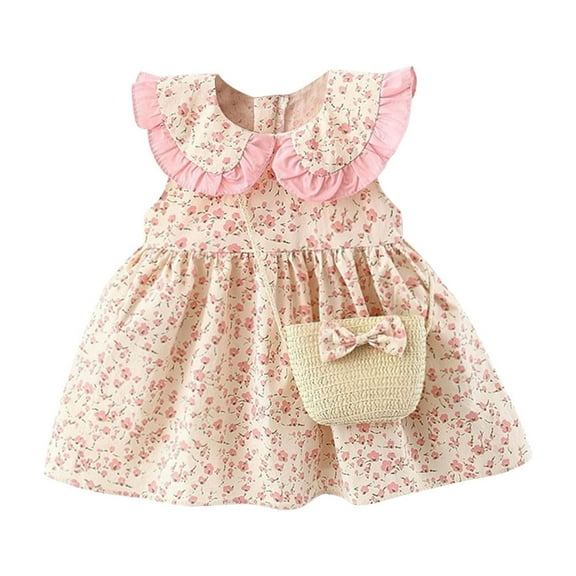 Toddler Girls Clothes Floral Print Ruffle Collared Cute Dress with Weave Crossbody Bag Summer Outfits (18 Months, Pink)