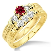 1.5 Carat Red Ruby Three Stone Moissanite Diamond Bridal Set on 10k Yellow Gold