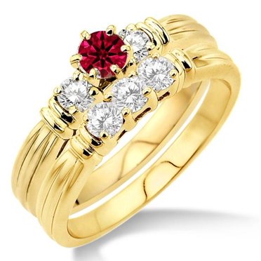 1.5 Carat Red Ruby Three Stone Moissanite Diamond Bridal Set on 10k Yellow Gold