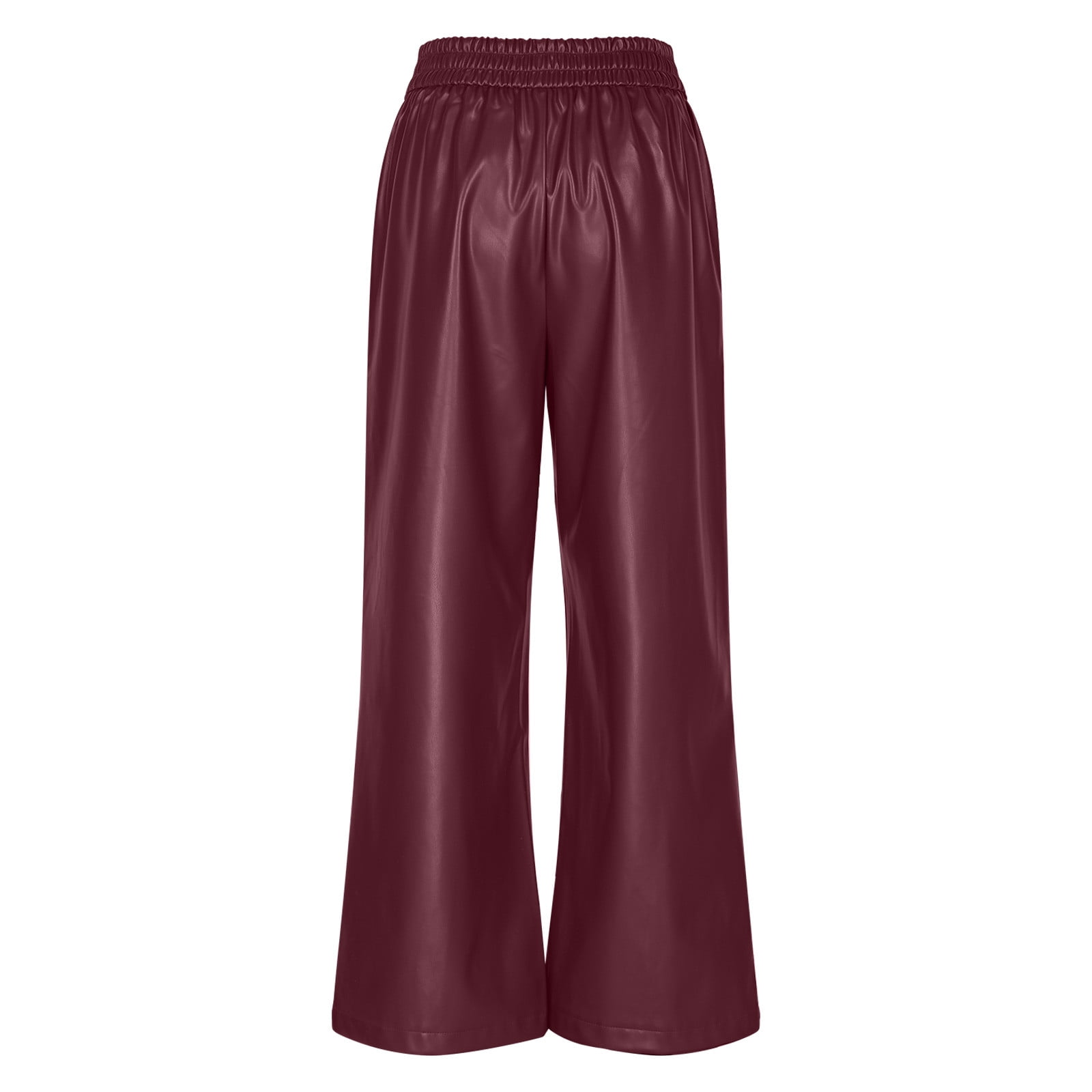 JGGSPWM High-Waist Wide Leg Pants with Belt for Women Sleek Faux Leather Trousers Wine S