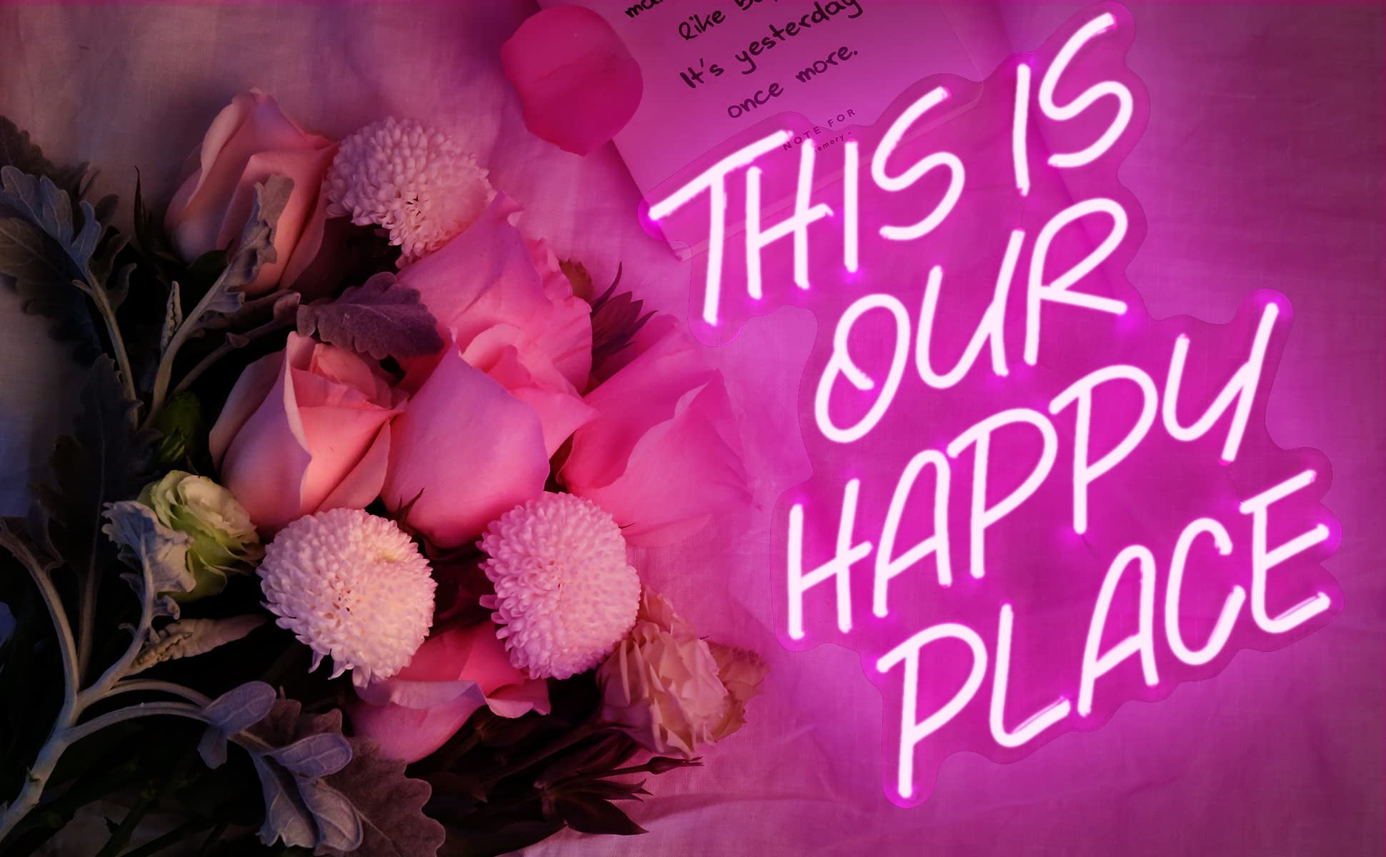 This is Our Happy Place Neon Sign for Home Wall Decor,16x14 inch Dimmable Switch Pink Art Signs Led Neon Light for Bedroom Kid's Room Living Room Wedding Birthday Party Gift Bar Christmas Party
