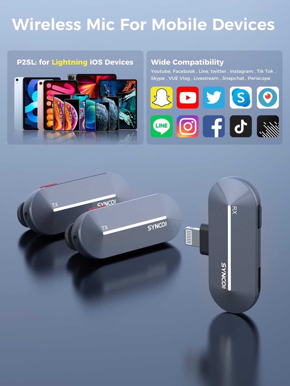 SYNCO P2SL Wireless Lavalier Microphone for iPhone, Dual Mic Noise Reduction, Charging Case, Plug Play, 2.4GHz, 45mins Shooting Time