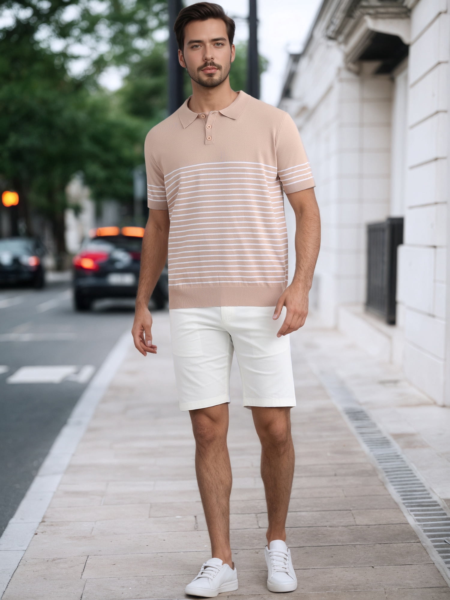 DARING DIVA Men's Knit Polo Short Sleeve Striped Golf Casual Collared T Shirt S Pink